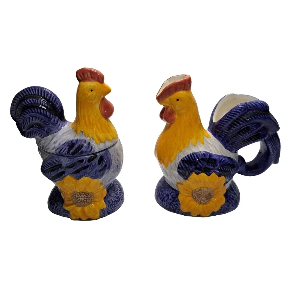 VTG 3 pc Avon Rooster Sunflower Coffee Creamer Sugar Set Ceramic 5.5
